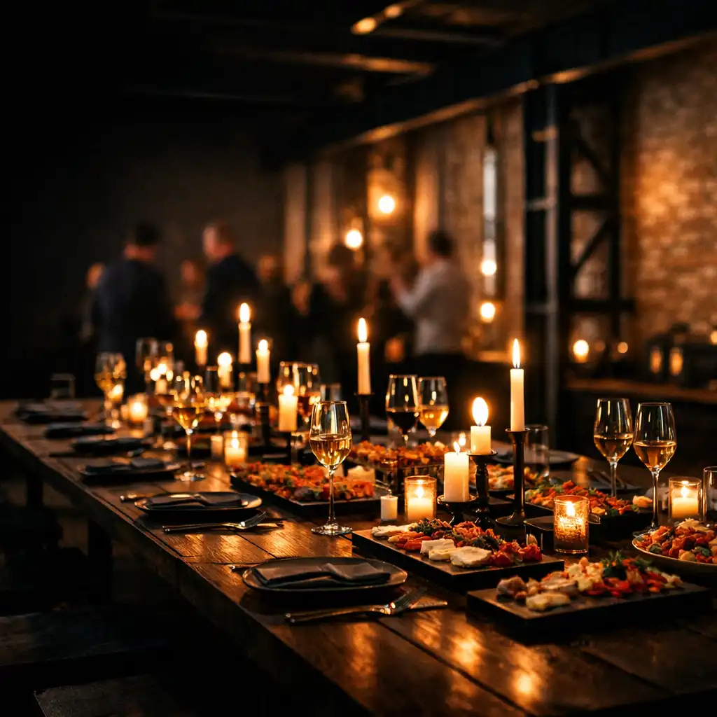 Sötét budapesti loftban terített közösségi asztal elegáns catering részletekkel