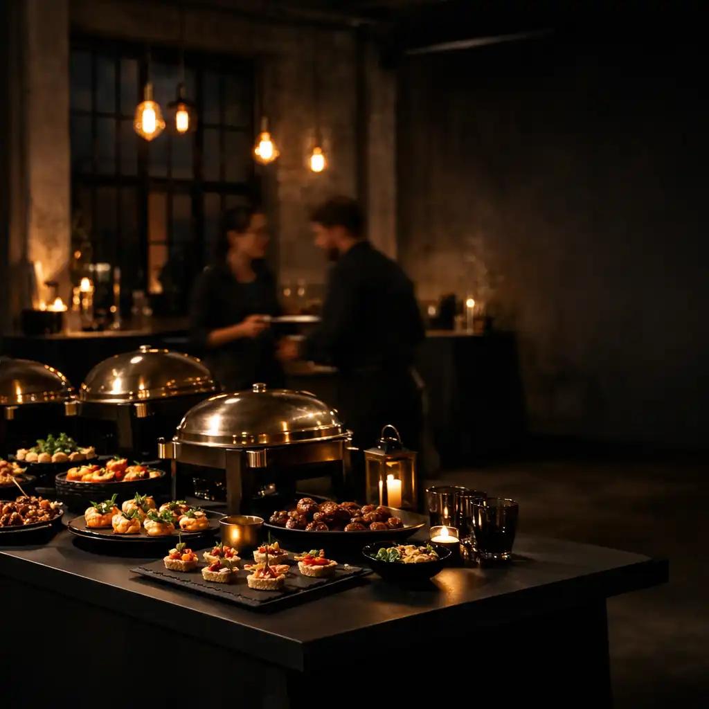 Elegáns mobil catering büfé sötét, ipari hangulatú eseménytérben