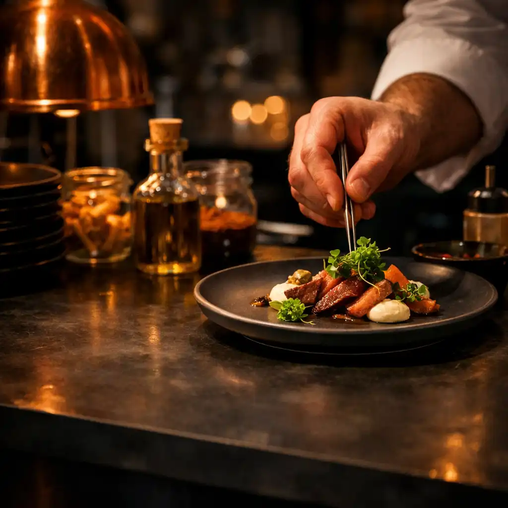 Séf keze elegáns mobil catering tálalás felett egy sötét lofteseményen
