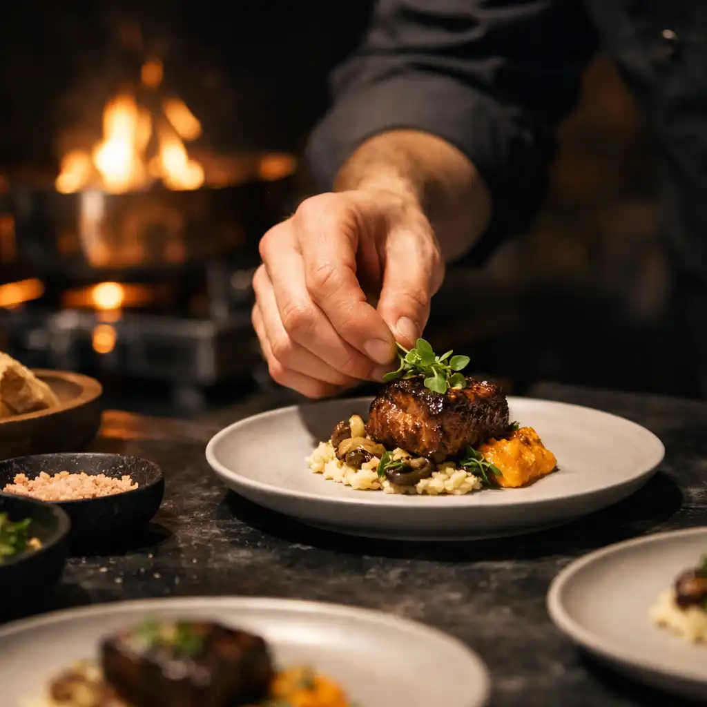 Kéz ételt tálal egy meleg fényű mobil catering állomáson