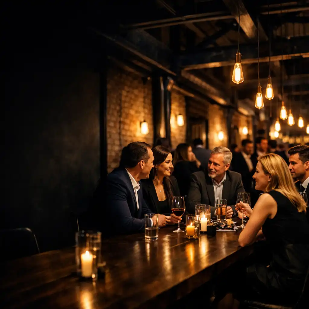 Beszélgető vendégek egy meleg fényű budapesti ipari loft eseményen